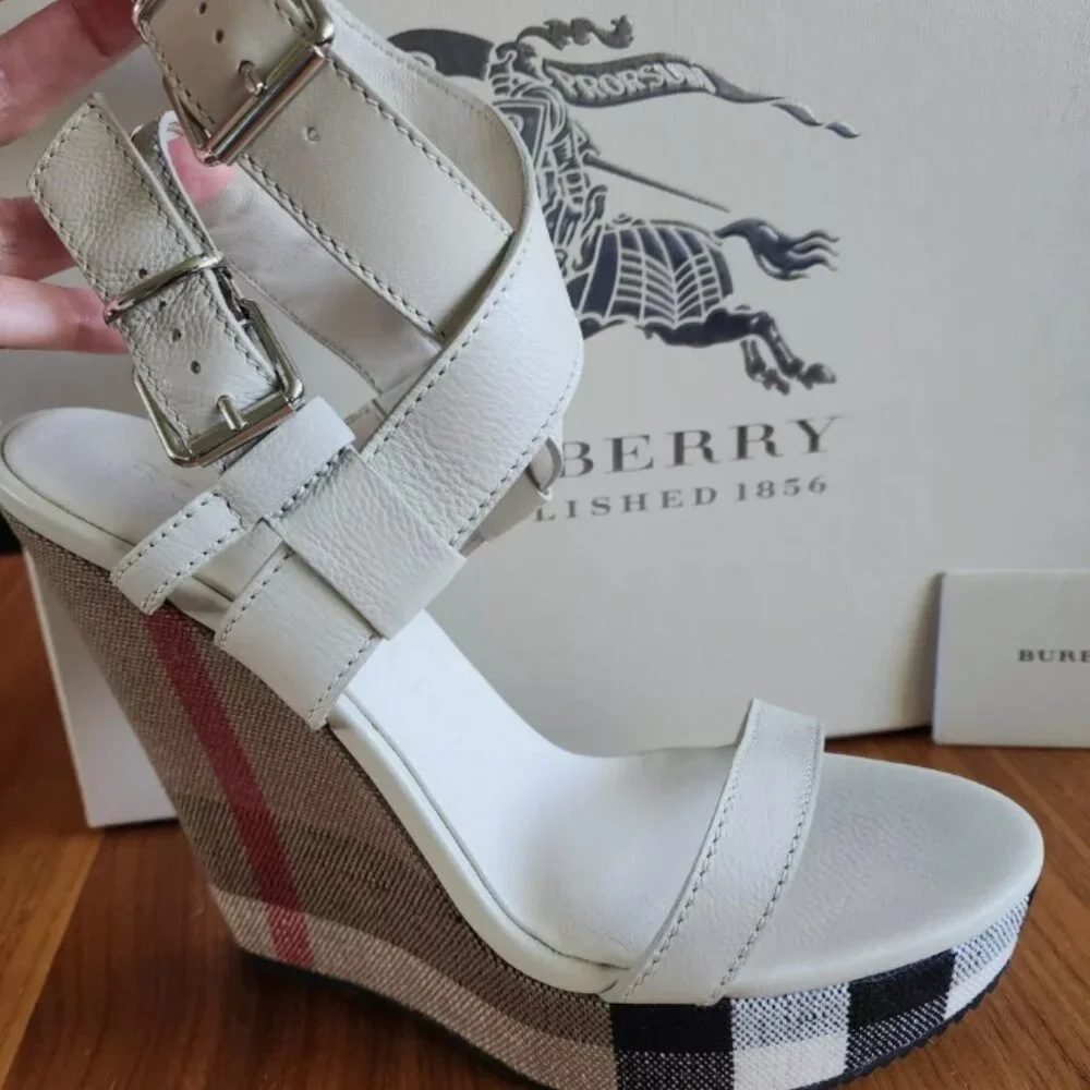 Burberry Brit Check White Leather Goldfinch Wedge Women's Sandals - Picture 2 of 15